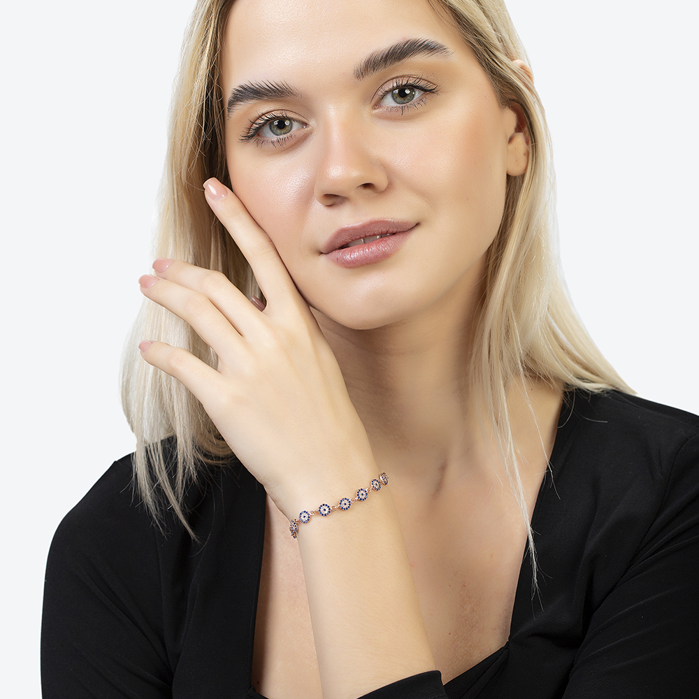 Mavi Beyaz Zirkon Taşlı Çiçek Model Zarif Tasarım Rose Renk 925 Ayar Gümüş Kadın Bileklik - 3