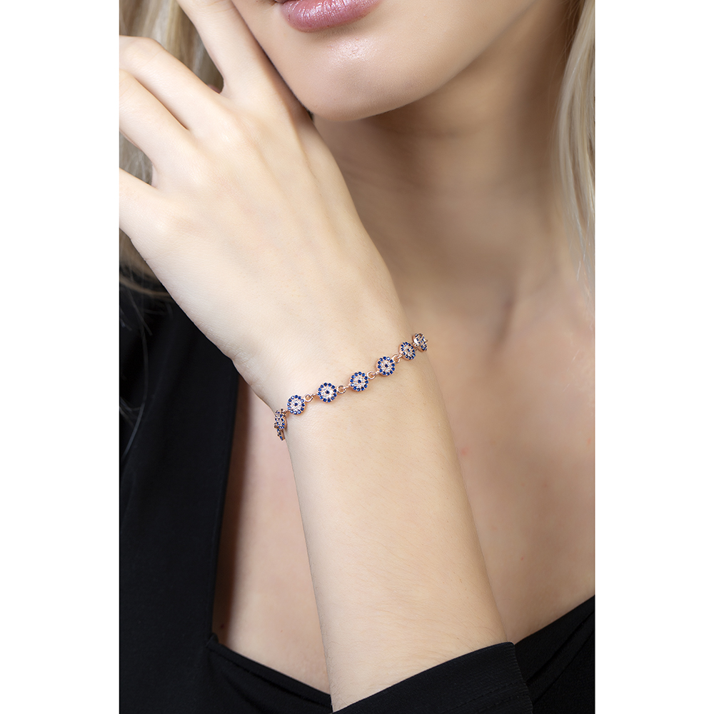 Mavi Beyaz Zirkon Taşlı Çiçek Model Zarif Tasarım Rose Renk 925 Ayar Gümüş Kadın Bileklik - 4