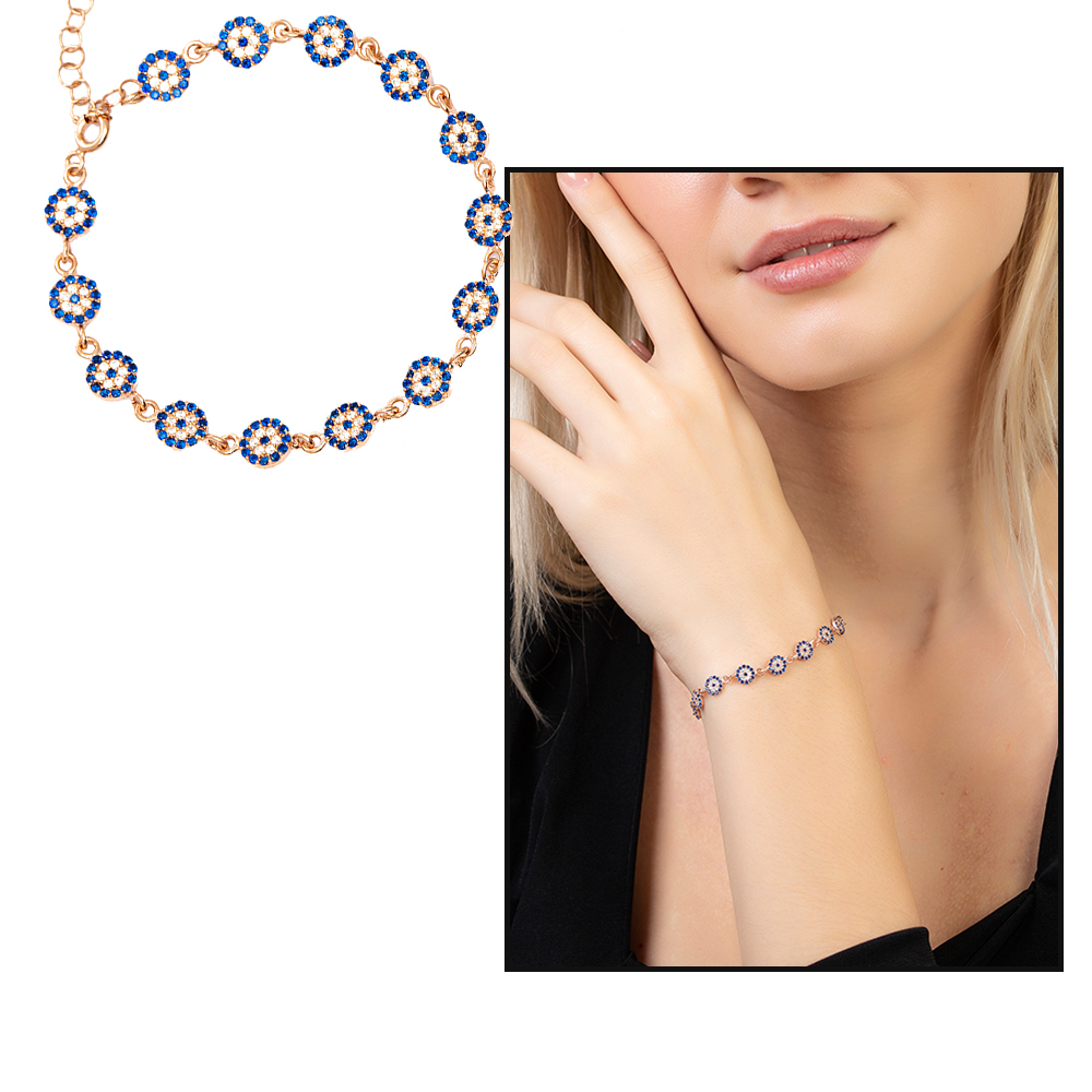 Mavi Beyaz Zirkon Taşlı Çiçek Model Zarif Tasarım Rose Renk 925 Ayar Gümüş Kadın Bileklik - 1