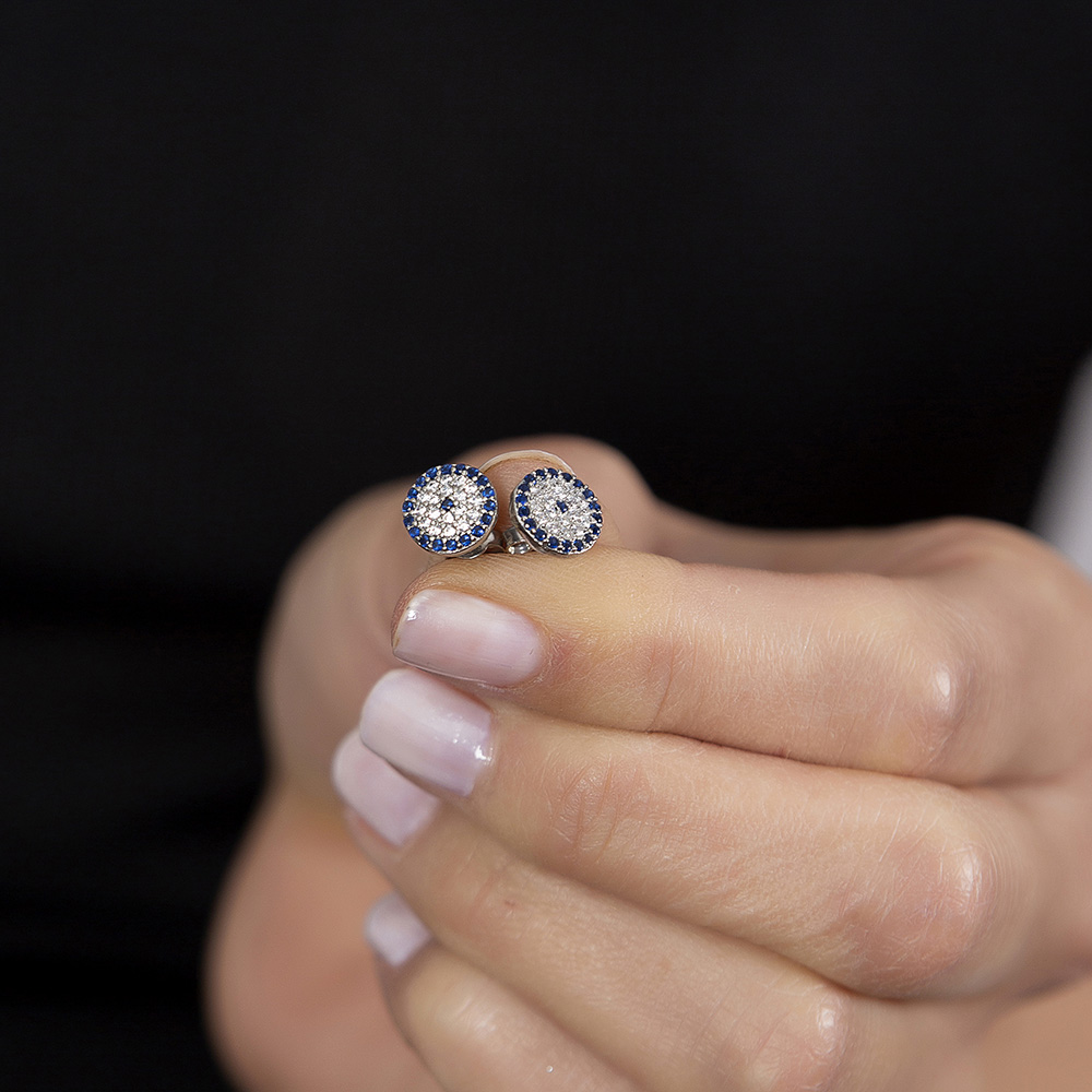 Mavi Beyaz Zirkon Taşlı Çiçek Tasarım 925 Ayar Gümüş Kadın Küpe - 2