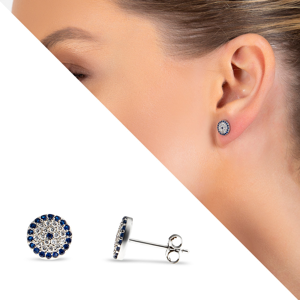 Mavi Beyaz Zirkon Taşlı Çiçek Tasarım 925 Ayar Gümüş Kadın Küpe - 1