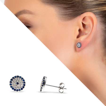 Mavi Beyaz Zirkon Taşlı Çiçek Tasarım 925 Ayar Gümüş Kadın Küpe - Tesbihane