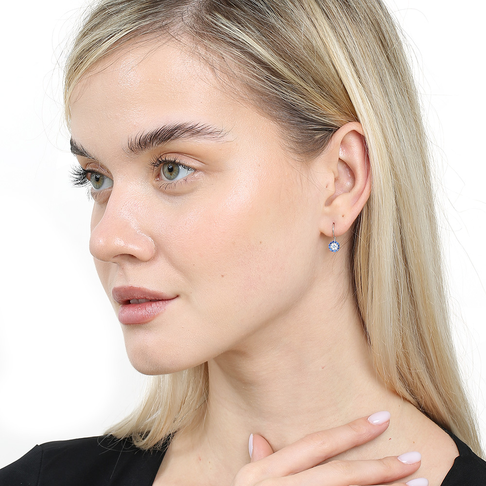 Mavi Beyaz Zirkon Taşlı Çiçek Tasarım Gümüş Renk 925 Ayar Gümüş Kadın Küpe - 1