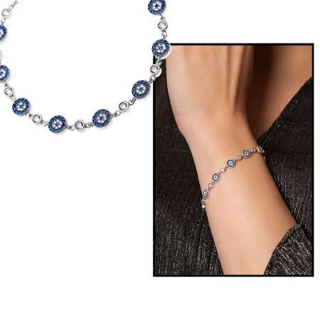 Mavi Beyaz Zirkon Taşlı Çiçek Tasarım Tam Tur 925 Ayar Gümüş Kadın Bileklik - Tesbihane