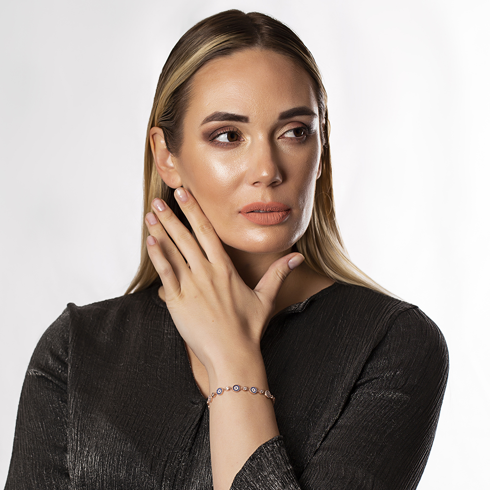 Mavi Beyaz Zirkon Taşlı Çiçek Tasarım Tam Tur Rose 925 Ayar Gümüş Kadın Bileklik - 2