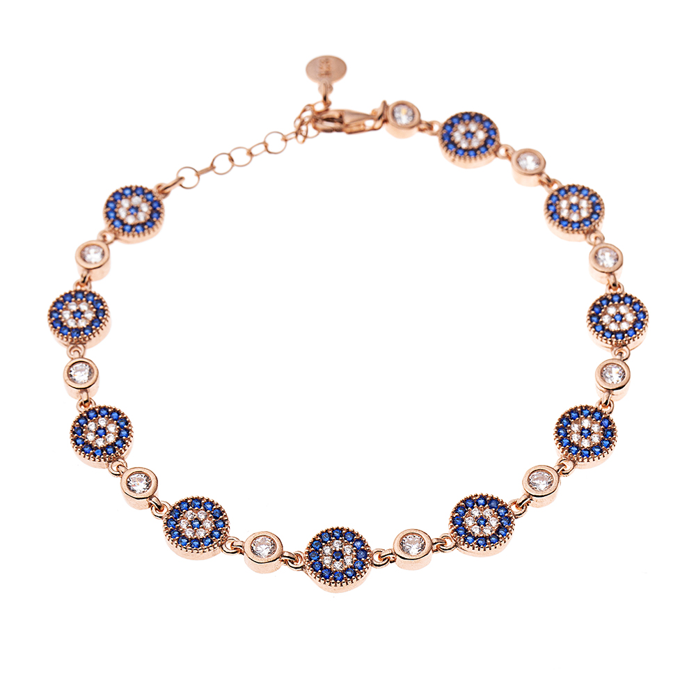 Mavi Beyaz Zirkon Taşlı Çiçek Tasarım Tam Tur Rose 925 Ayar Gümüş Kadın Bileklik - 5