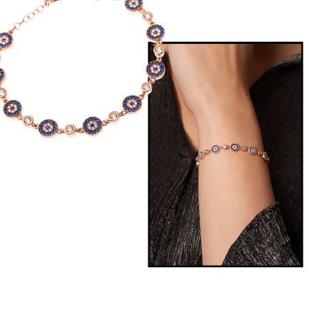 Mavi Beyaz Zirkon Taşlı Çiçek Tasarım Tam Tur Rose 925 Ayar Gümüş Kadın Bileklik - Tesbihane