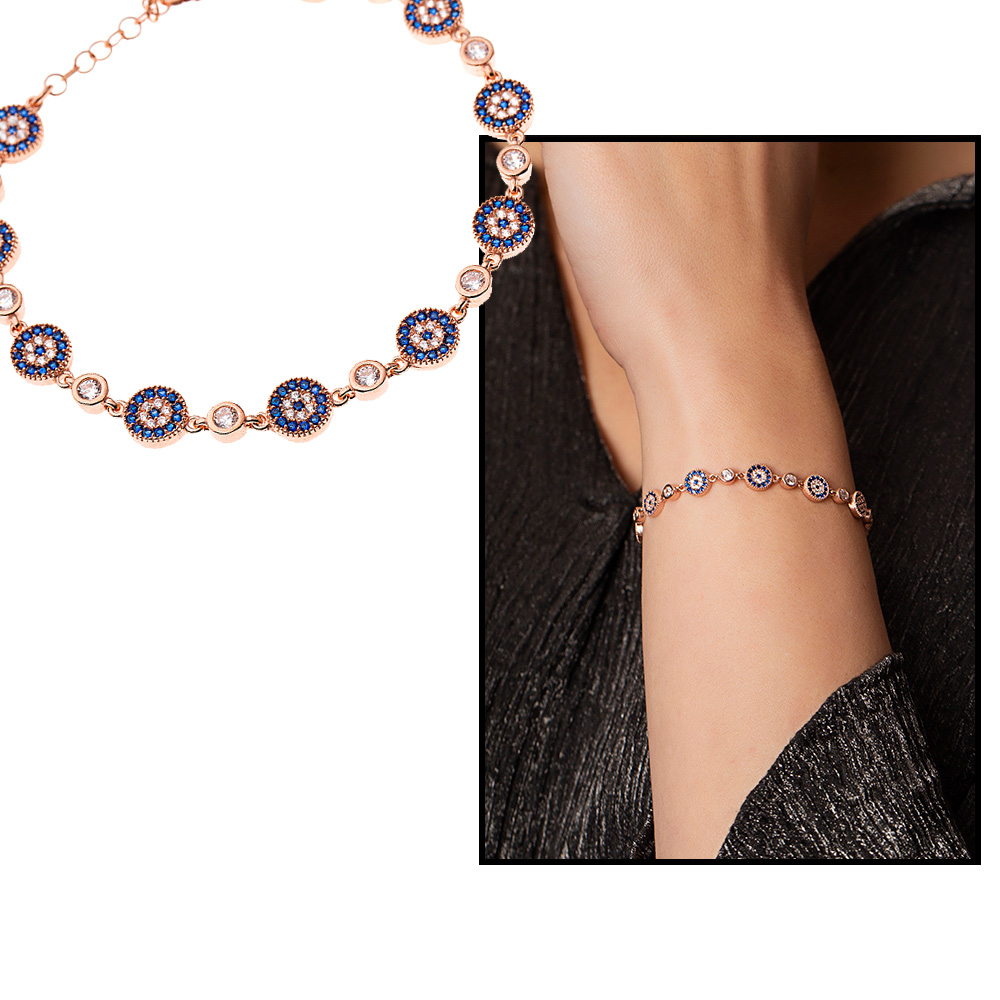 Mavi Beyaz Zirkon Taşlı Çiçek Tasarım Tam Tur Rose 925 Ayar Gümüş Kadın Bileklik - 1