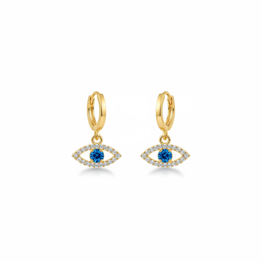 Mavi Beyaz Zirkon Taşlı Sallantılı Göz Detaylı Altın Renk 925 Ayar Gümüş Kadın Küpe - 4
