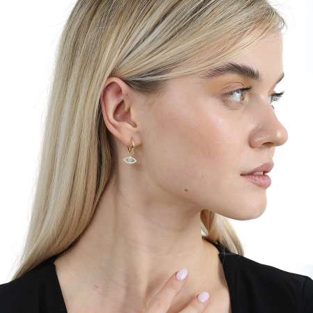 Mavi Beyaz Zirkon Taşlı Sallantılı Göz Detaylı Altın Renk 925 Ayar Gümüş Kadın Küpe - Tesbihane