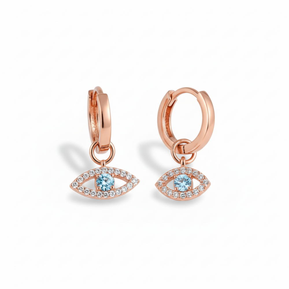 Mavi Beyaz Zirkon Taşlı Sallantılı Göz Detaylı Rose Renk 925 Ayar Gümüş Kadın Küpe - 4