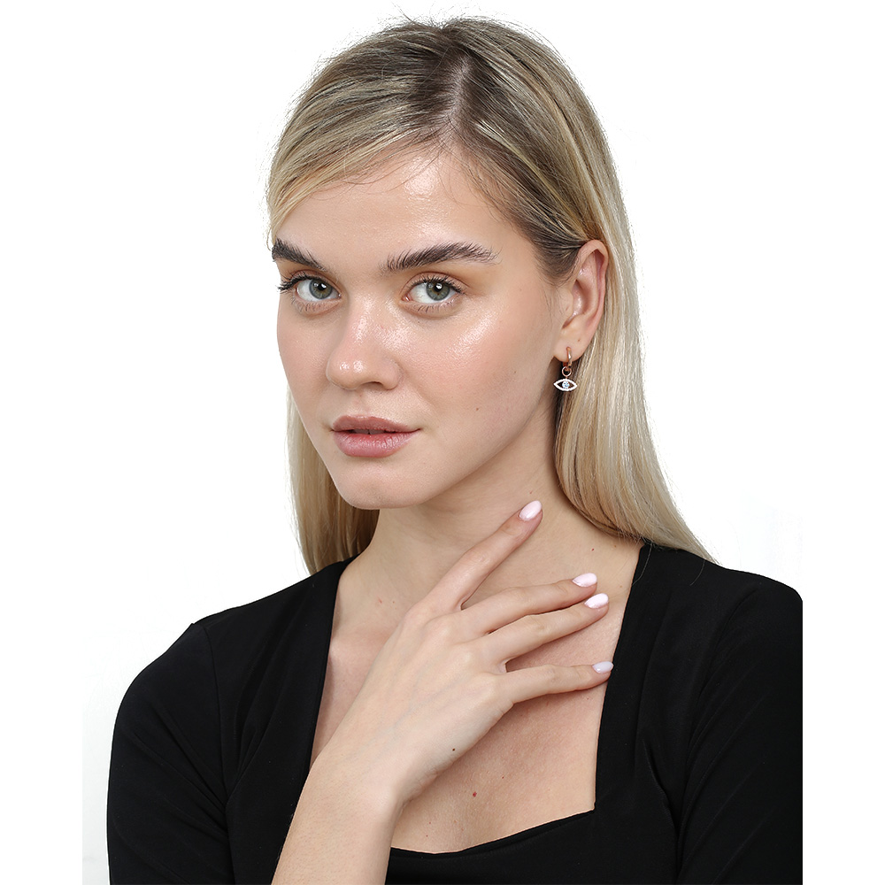 Mavi Beyaz Zirkon Taşlı Sallantılı Göz Detaylı Rose Renk 925 Ayar Gümüş Kadın Küpe - 2