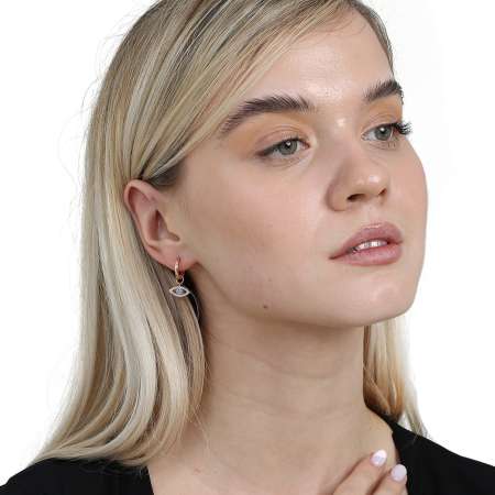 Mavi Beyaz Zirkon Taşlı Sallantılı Göz Detaylı Rose Renk 925 Ayar Gümüş Kadın Küpe - Tesbihane