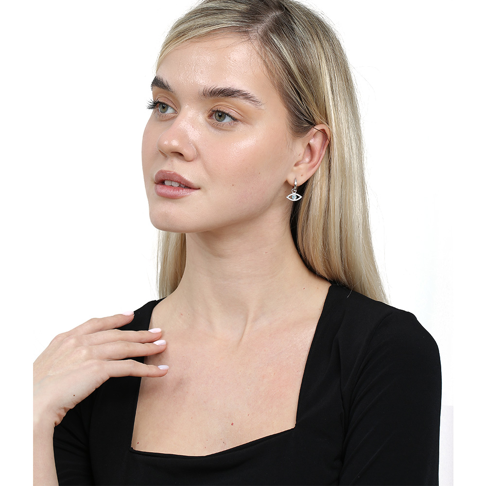 Mavi Beyaz Zirkon Taşlı Sallantılı Göz Detaylı Gümüş Renk 925 Ayar Gümüş Kadın Küpe - 2