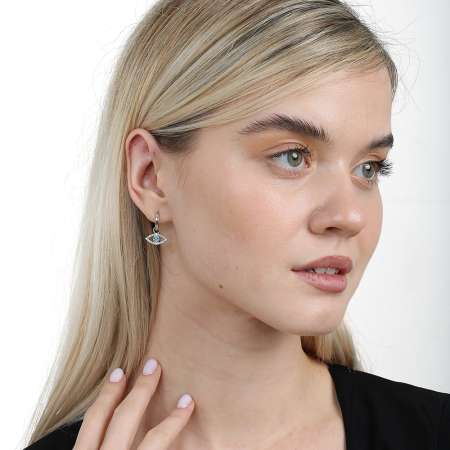 Mavi Beyaz Zirkon Taşlı Sallantılı Göz Detaylı Gümüş Renk 925 Ayar Gümüş Kadın Küpe - Tesbihane