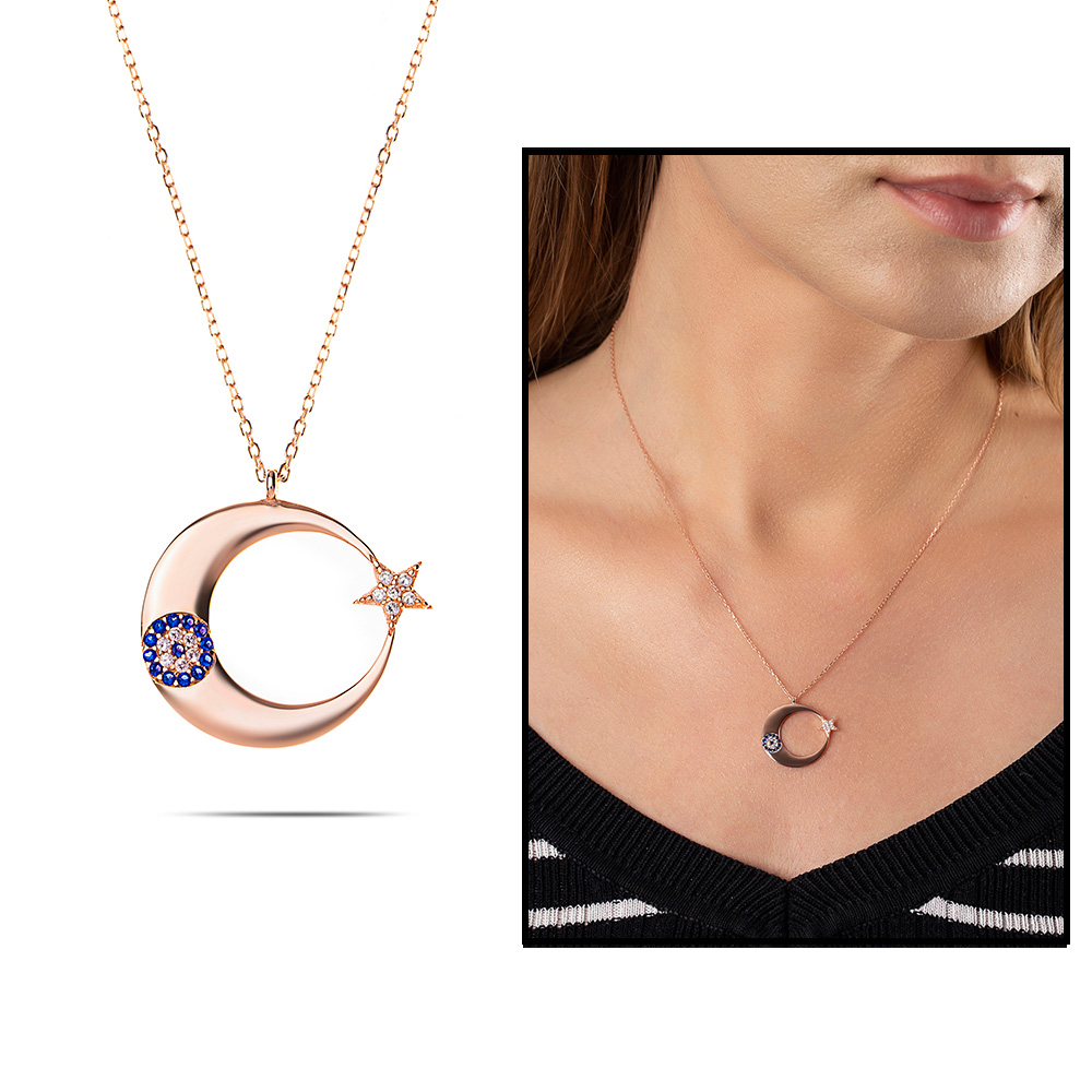 Mavi Beyaz Zirkon Taşlı Tarz Tasarım Rose Renk 925 Ayar Gümüş Ayyıldız Kolye - 1