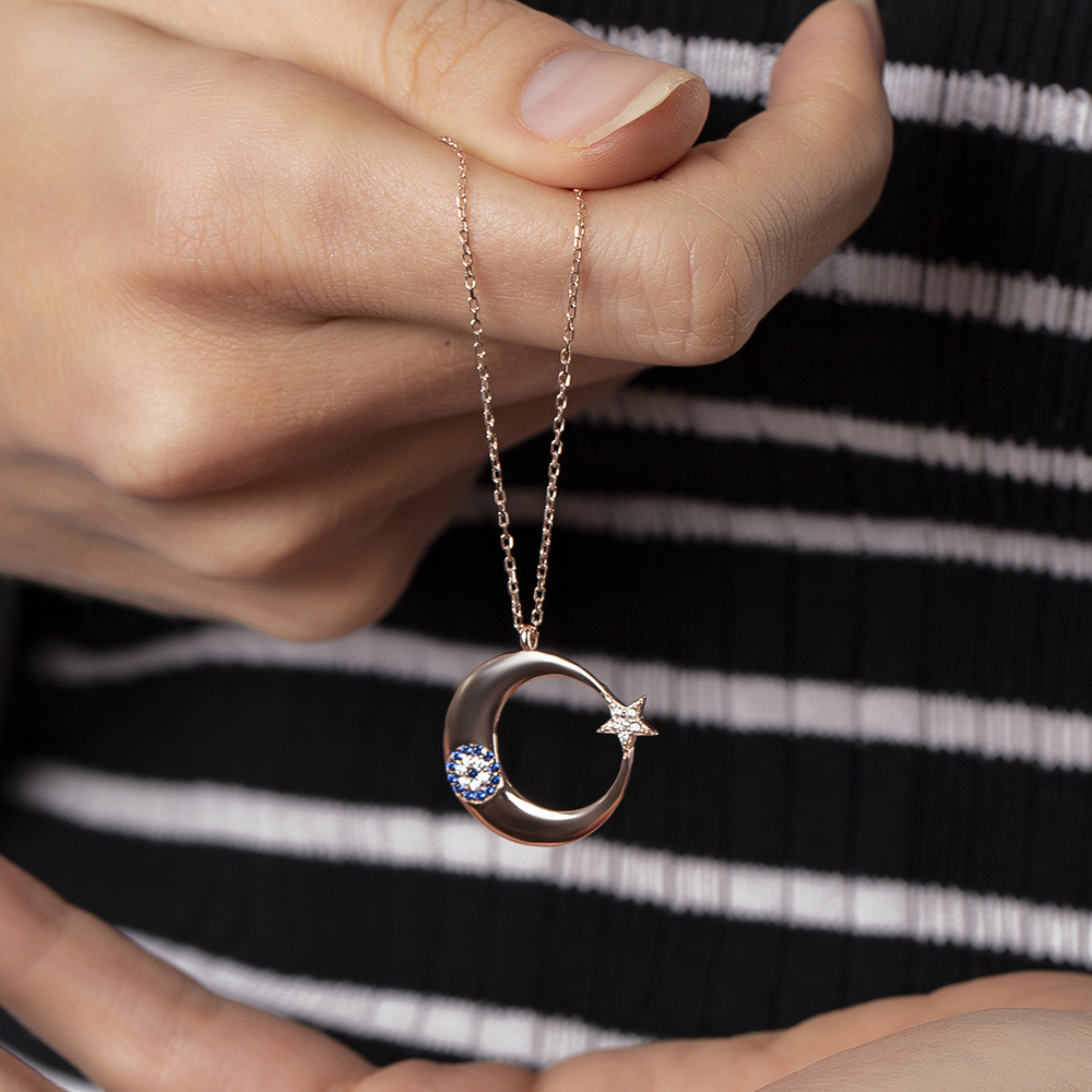 Mavi Beyaz Zirkon Taşlı Tarz Tasarım Rose Renk 925 Ayar Gümüş Ayyıldız Kolye - 2