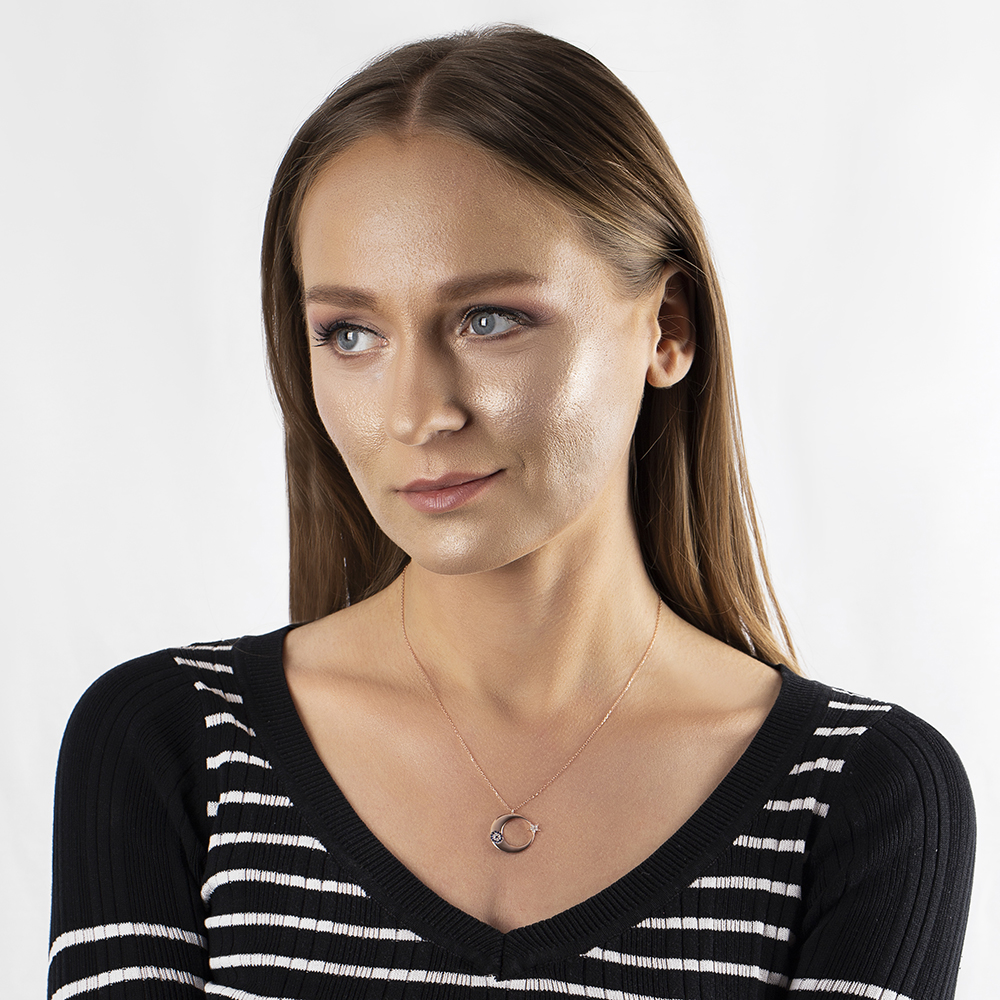 Mavi Beyaz Zirkon Taşlı Tarz Tasarım Rose Renk 925 Ayar Gümüş Ayyıldız Kolye - 3