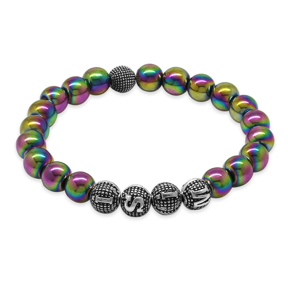 Hematit Doğaltaş Bileklik - İsme Özel Yazılı - Çok Renkli - Metal Kombinli - Küre Kesim - 2