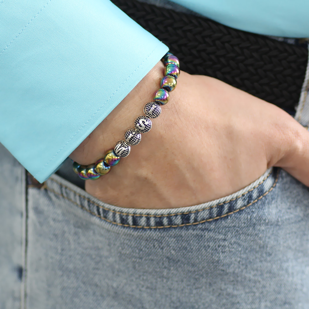 Hematit Doğaltaş Bileklik - İsme Özel Yazılı - Çok Renkli - Metal Kombinli - Küre Kesim - 3