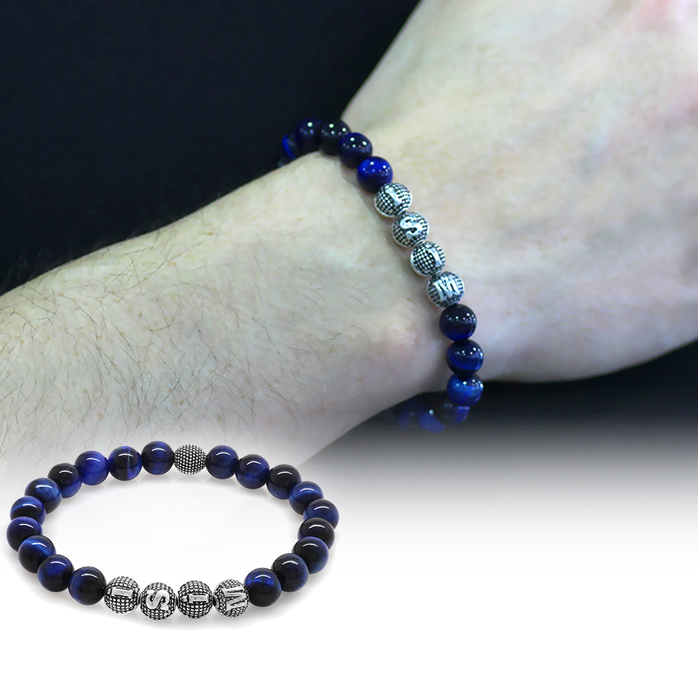 Mavi Kaplan Gözü Doğaltaş Bileklik - İsme Özel Yazılı - Metal Kombinli - Küre Kesim - 1