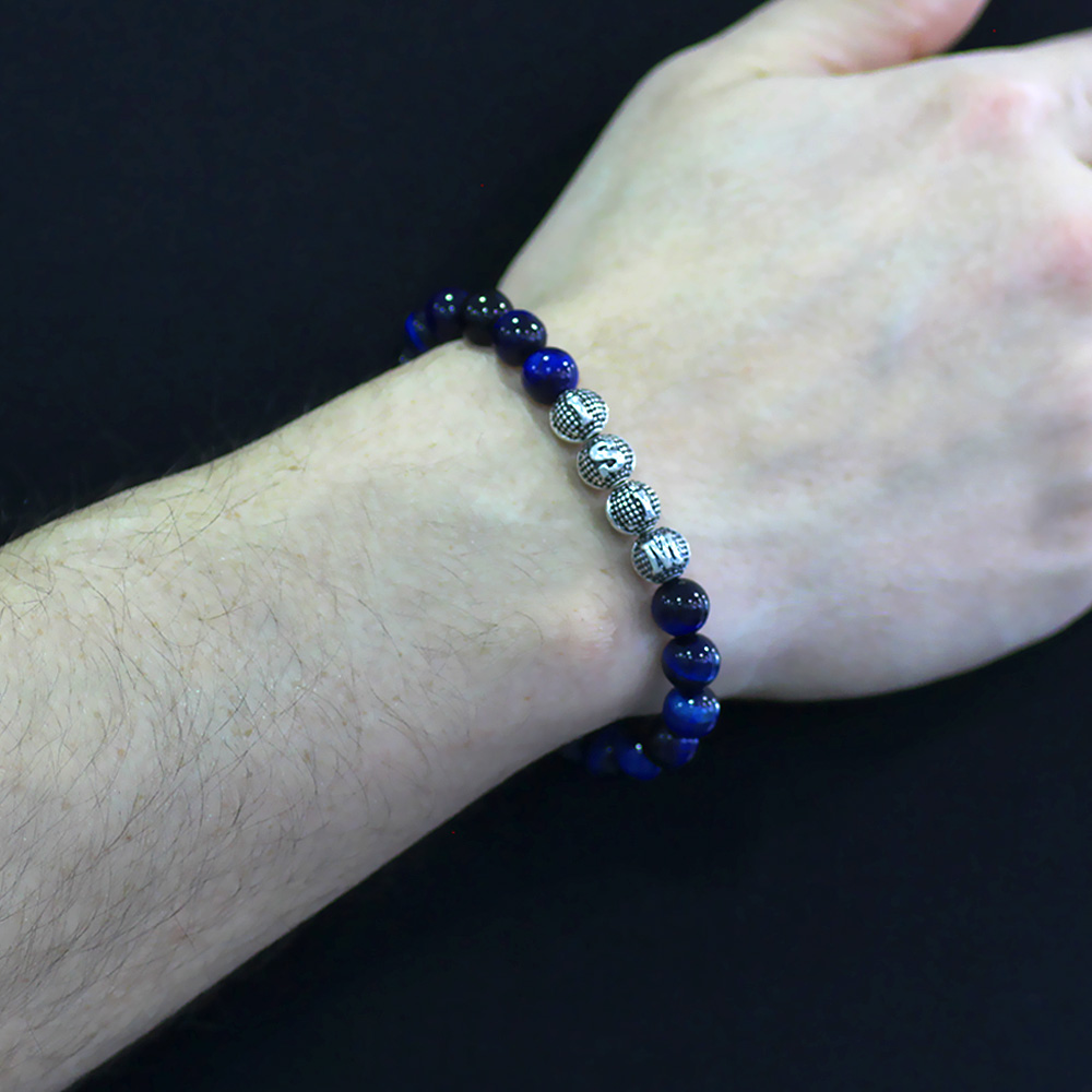 Mavi Kaplan Gözü Doğaltaş Bileklik - İsme Özel Yazılı - Metal Kombinli - Küre Kesim - 2