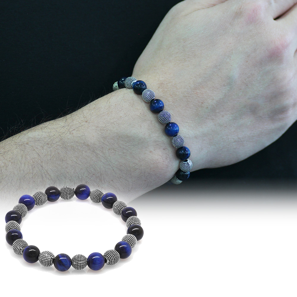 Mavi Kaplan Gözü Doğaltaş Bileklik - Metal Kombinli - Küre Kesim - 1