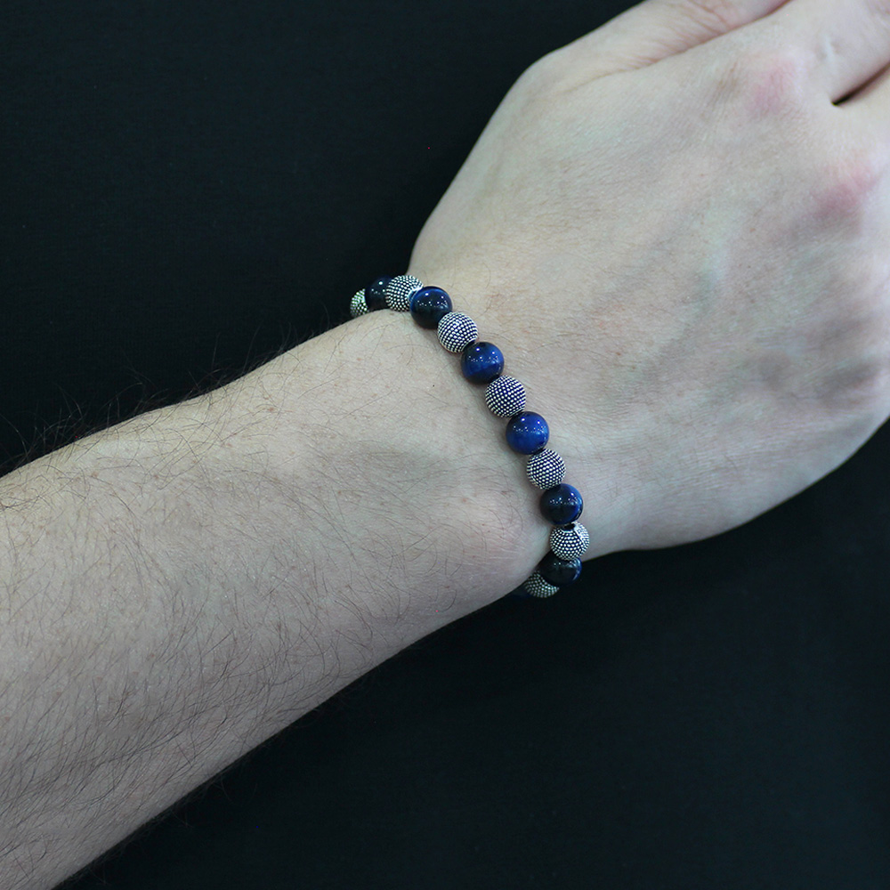 Mavi Kaplan Gözü Doğaltaş Bileklik - Metal Kombinli - Küre Kesim - 2