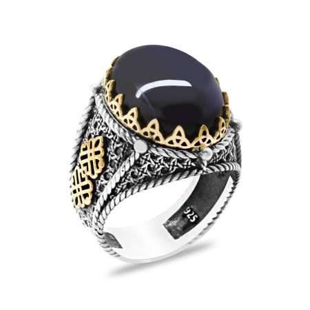 Mavi Kaplan Gözü Taşlı Kral Tacı Tasarım 925 Ayar Gümüş Erkek Yüzük - Tesbihane