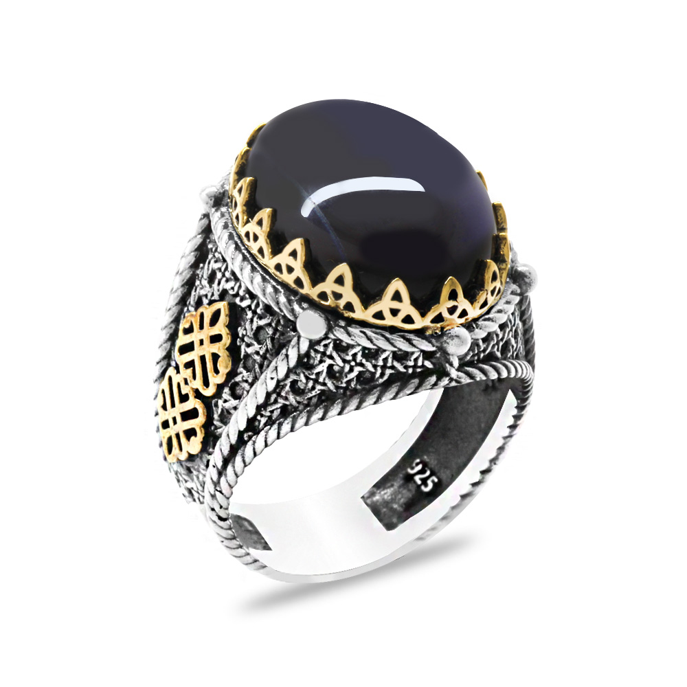 Mavi Kaplan Gözü Taşlı Kral Tacı Tasarım 925 Ayar Gümüş Erkek Yüzük - 1