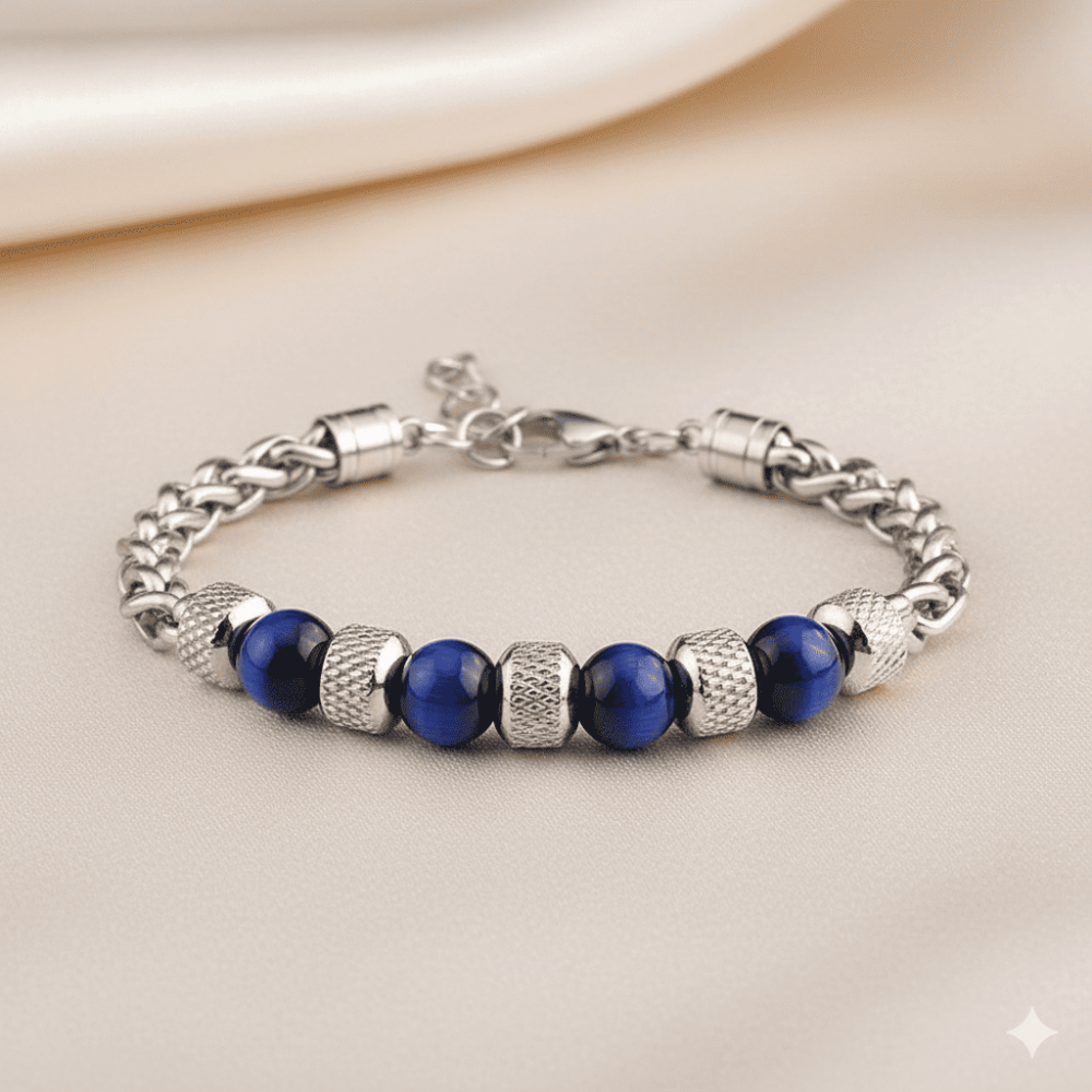 Mavi Kaplan Gözü ve Çelik Bileşim Uzunluk Ayarlanabilir Avangart Erkek Bileklik - 3