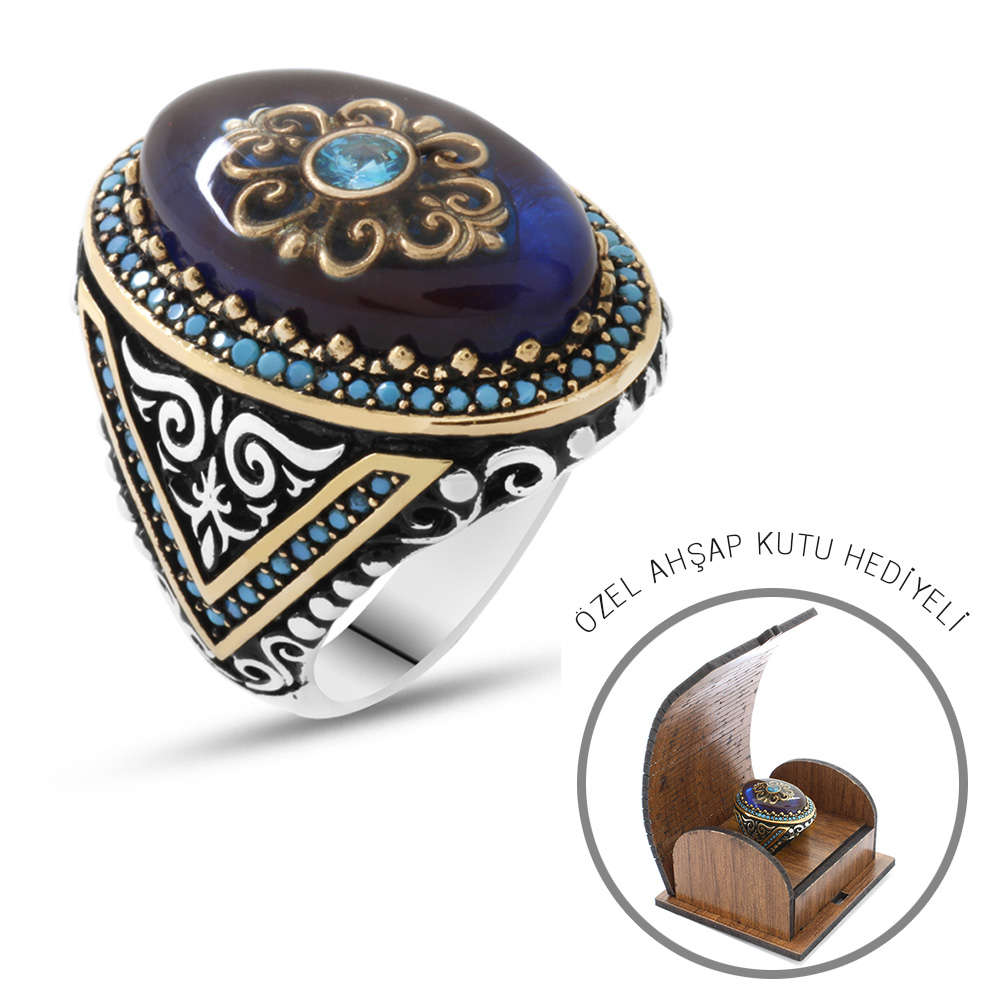 Mavi Kehribar İçine Kilim Deseni İşlemeli 925 Ayar Gümüş Erkek Yüzük - 3