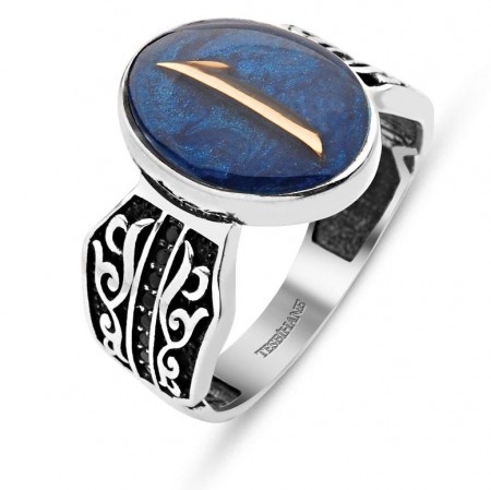 Mavi Mine Üzerine Elif Harfli 925 Ayar Gümüş Yüzük - Tesbihane