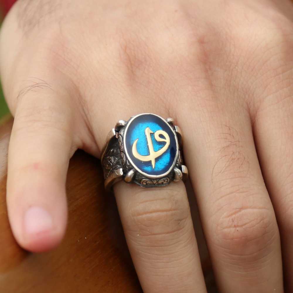Mavi Mine Üzerine Elif Vav 925 Ayar Gümüş Oval Yüzük - 1
