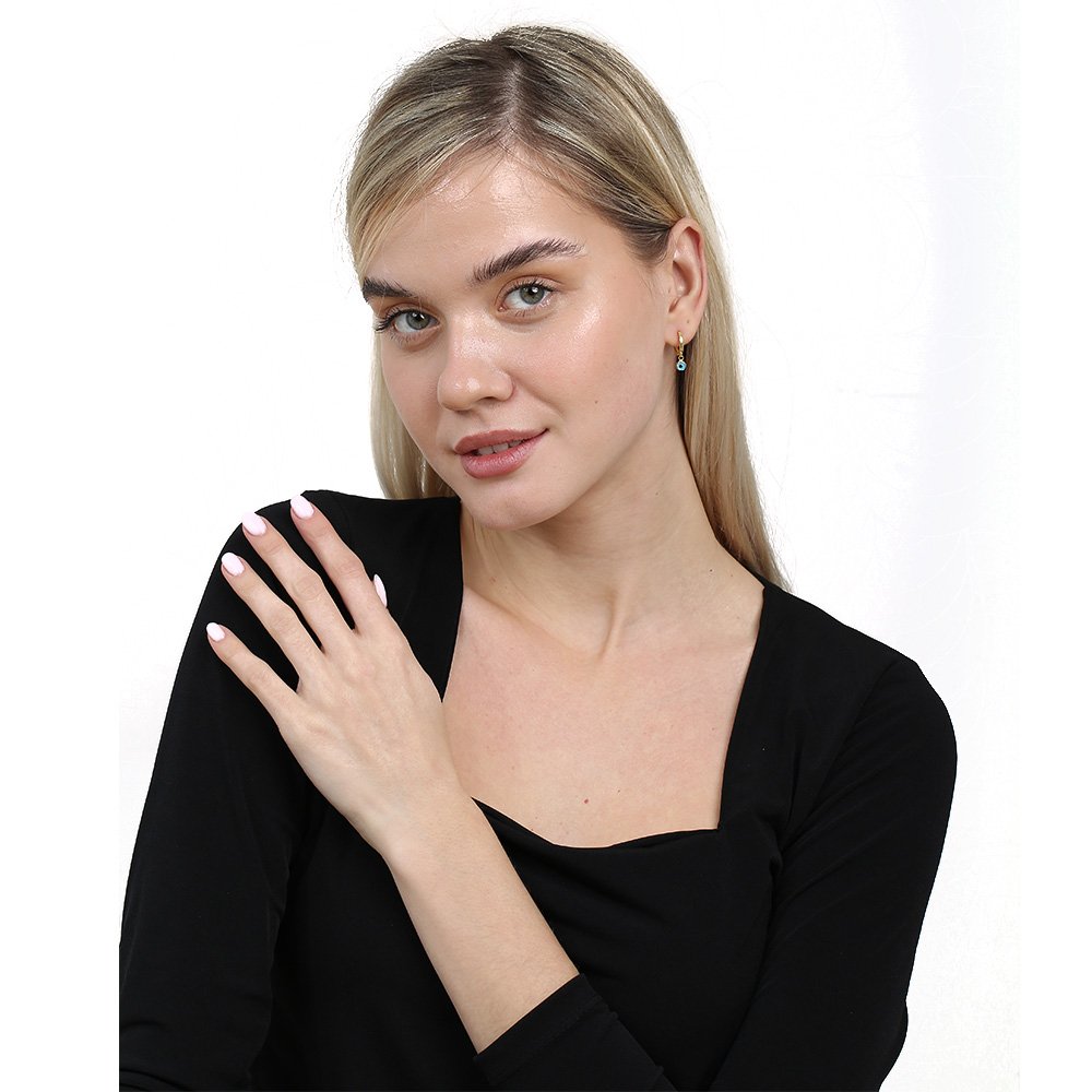 Mavi Mineli Nazar Boncuğu Detaylı Altın Renk 925 Ayar Gümüş Kadın Küpe - 2