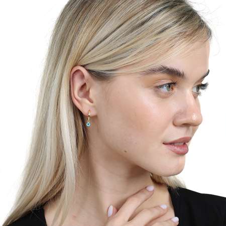 Mavi Mineli Nazar Boncuğu Detaylı Altın Renk 925 Ayar Gümüş Kadın Küpe - Tesbihane