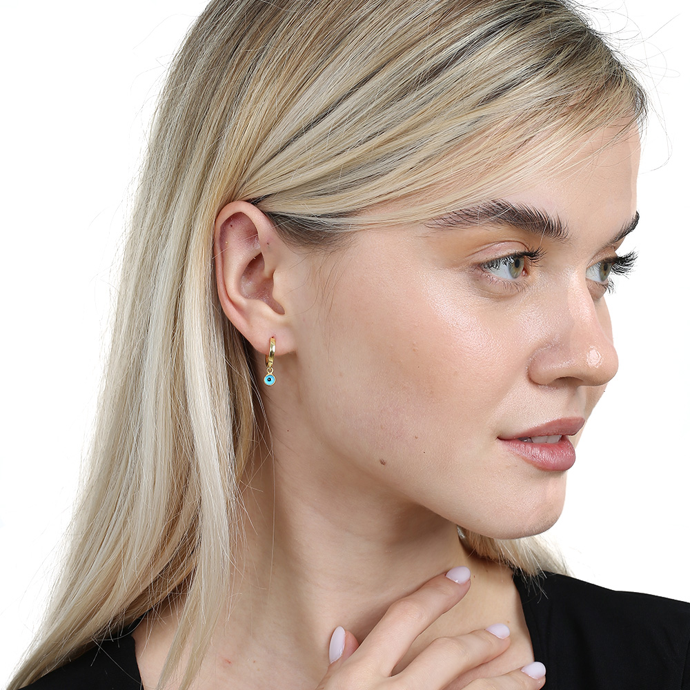 Mavi Mineli Nazar Boncuğu Detaylı Altın Renk 925 Ayar Gümüş Kadın Küpe - 1