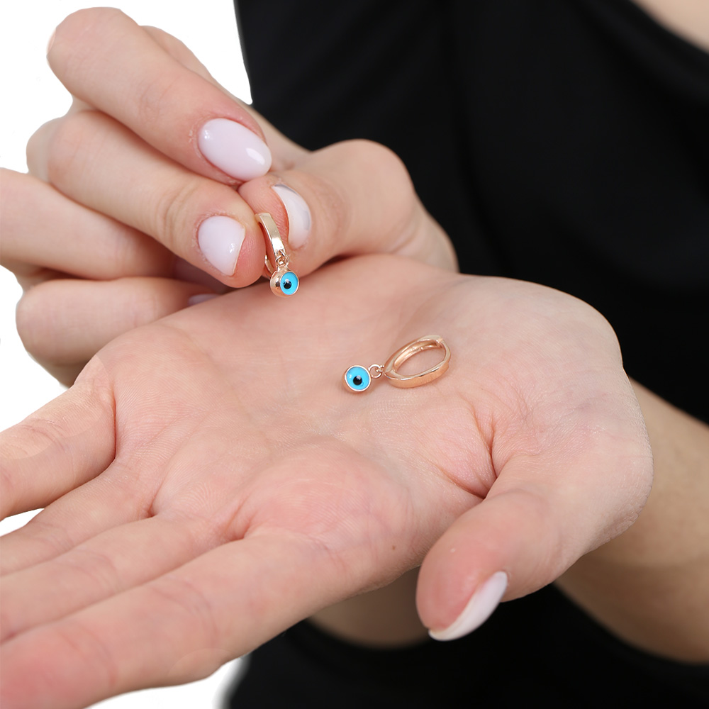 Mavi Mineli Nazar Boncuğu Detaylı Rose Renk 925 Ayar Gümüş Kadın Küpe - 3