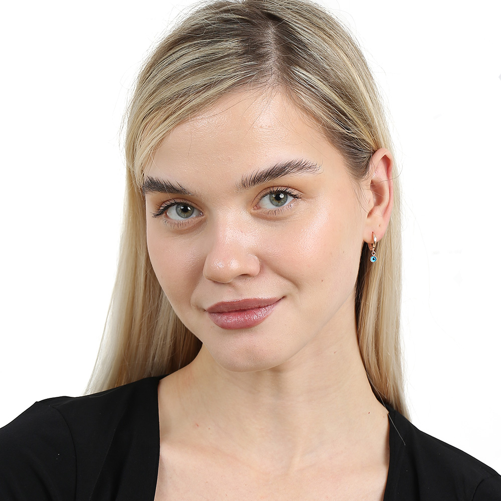 Mavi Mineli Nazar Boncuğu Detaylı Rose Renk 925 Ayar Gümüş Kadın Küpe - 2