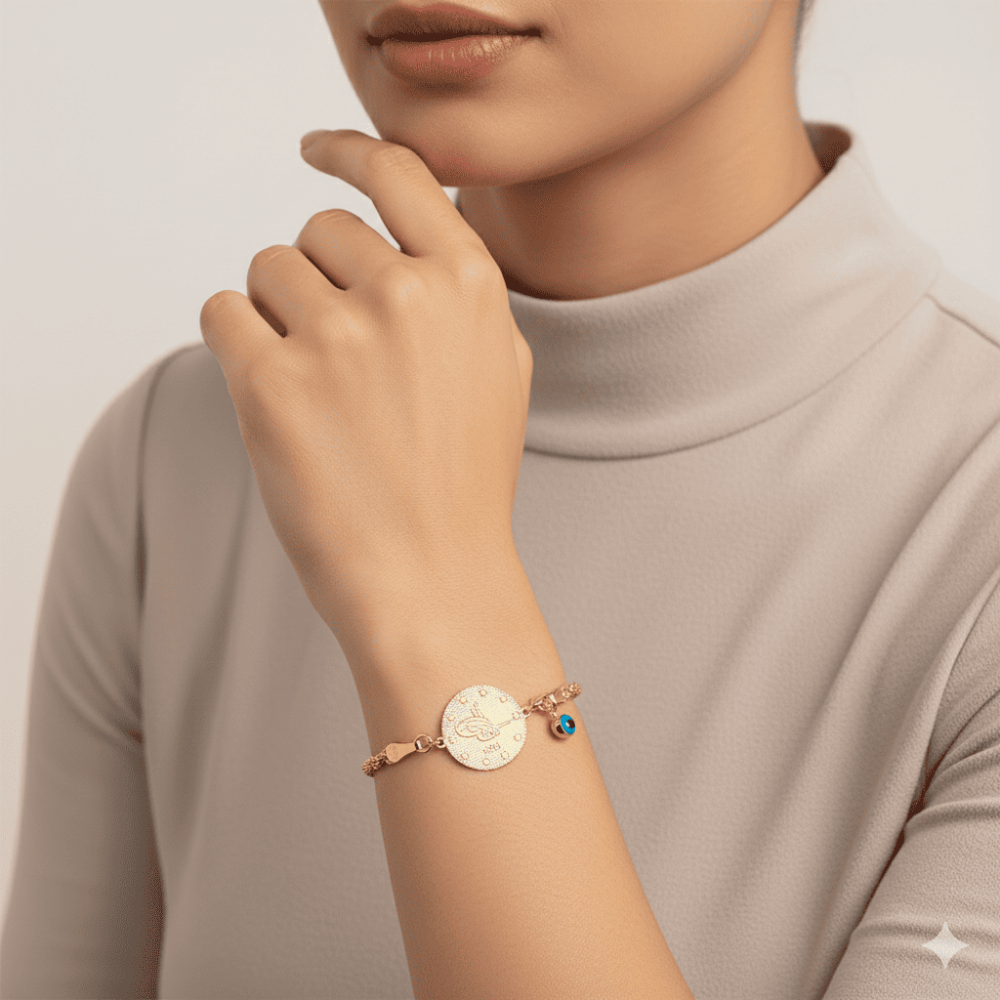 Mineli Nazar Boncuğu Detaylı Tuğra Tasarım Halat Zincirli Altın Renk 925 Ayar Gümüş Kadın Bileklik - 2