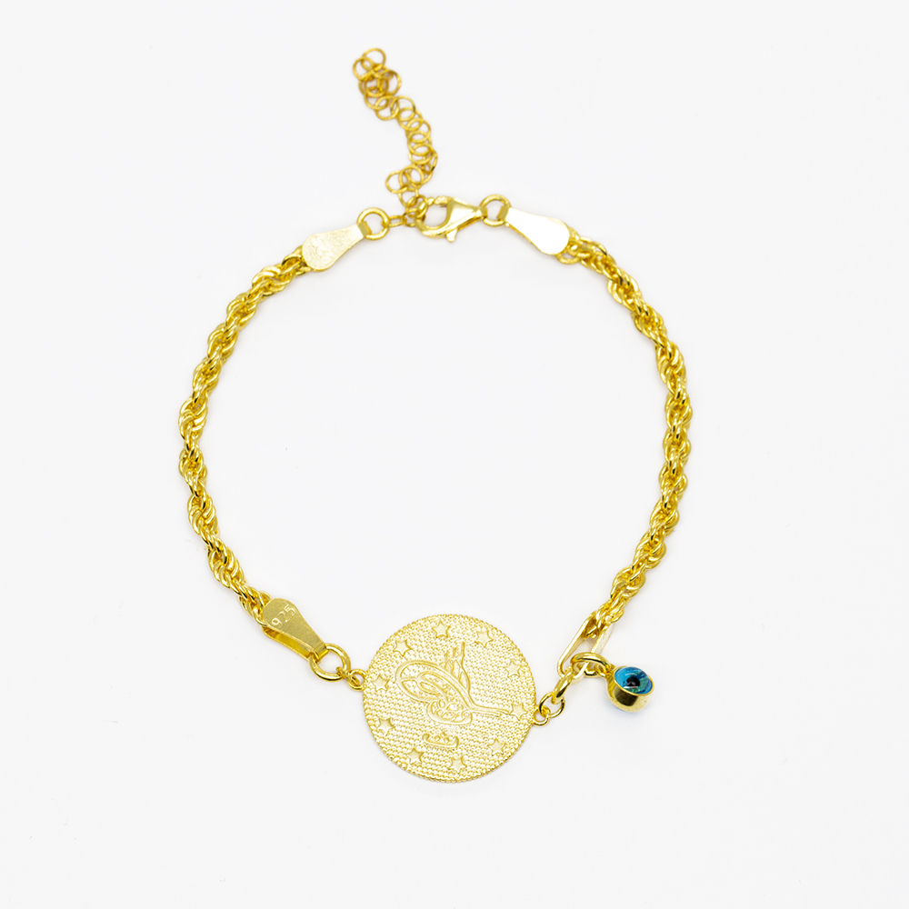 Mineli Nazar Boncuğu Detaylı Tuğra Tasarım Halat Zincirli Altın Renk 925 Ayar Gümüş Kadın Bileklik - 5