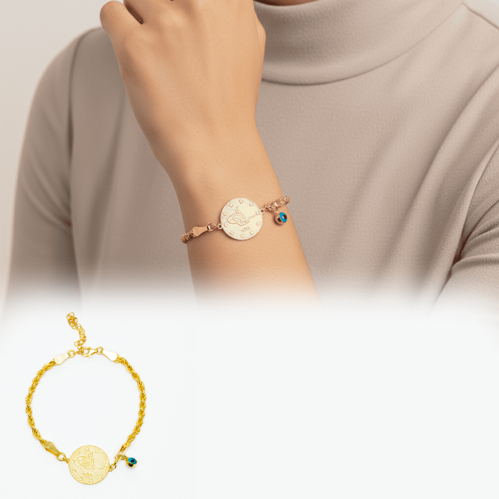 Mineli Nazar Boncuğu Detaylı Tuğra Tasarım Halat Zincirli Altın Renk 925 Ayar Gümüş Kadın Bileklik - 1