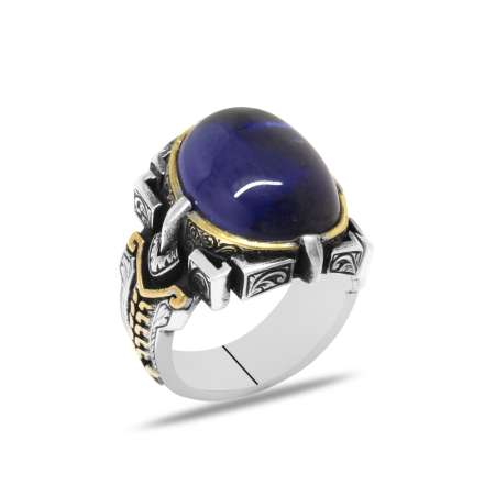 Mavi Ruby Taşlı Kalem İşçilik Tasarım 925 Ayar Gümüş Erkek Yüzük - Tesbihane