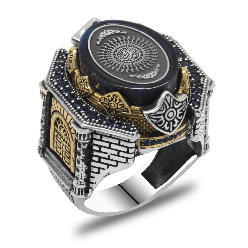 Mavi Kehribar Üzerine Hüsnü Hat 33 Besmelei Şerif Yazılı Kale Tasarım 925 Ayar Gümüş Erkek Yüzük - 3