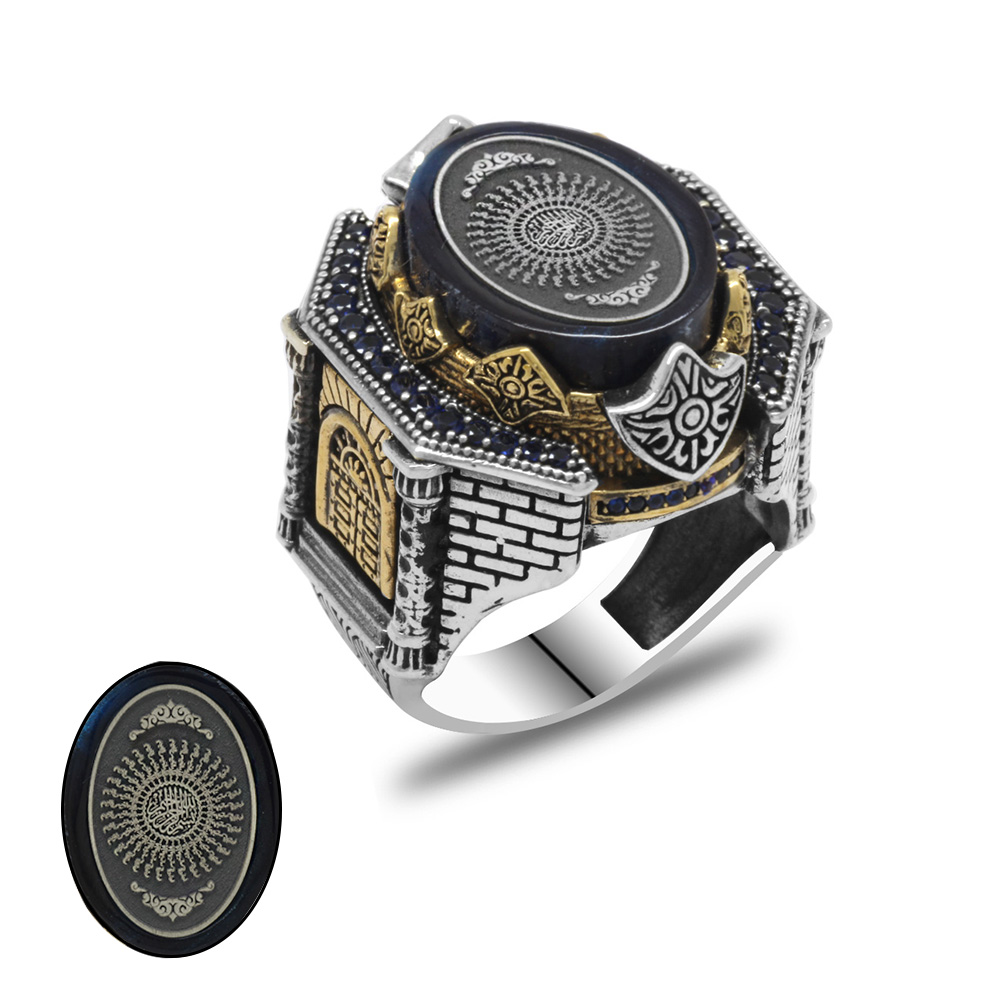 Mavi Kehribar Üzerine Hüsnü Hat 33 Besmelei Şerif Yazılı Kale Tasarım 925 Ayar Gümüş Erkek Yüzük - 4