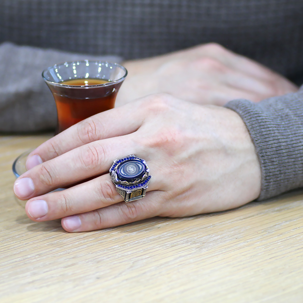 Mavi Kehribar Üzerine Hüsnü Hat 33 Besmelei Şerif Yazılı Kale Tasarım 925 Ayar Gümüş Erkek Yüzük - 2