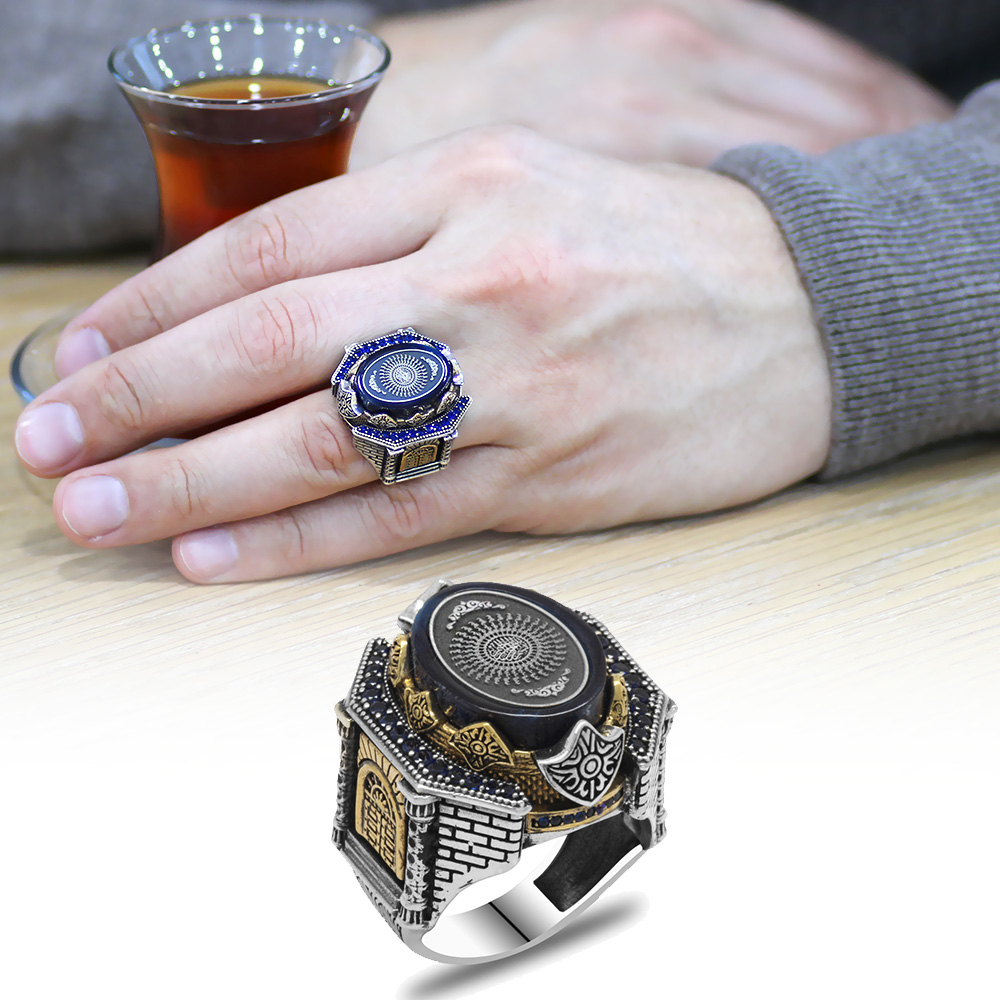 Mavi Kehribar Üzerine Hüsnü Hat 33 Besmelei Şerif Yazılı Kale Tasarım 925 Ayar Gümüş Erkek Yüzük - 1