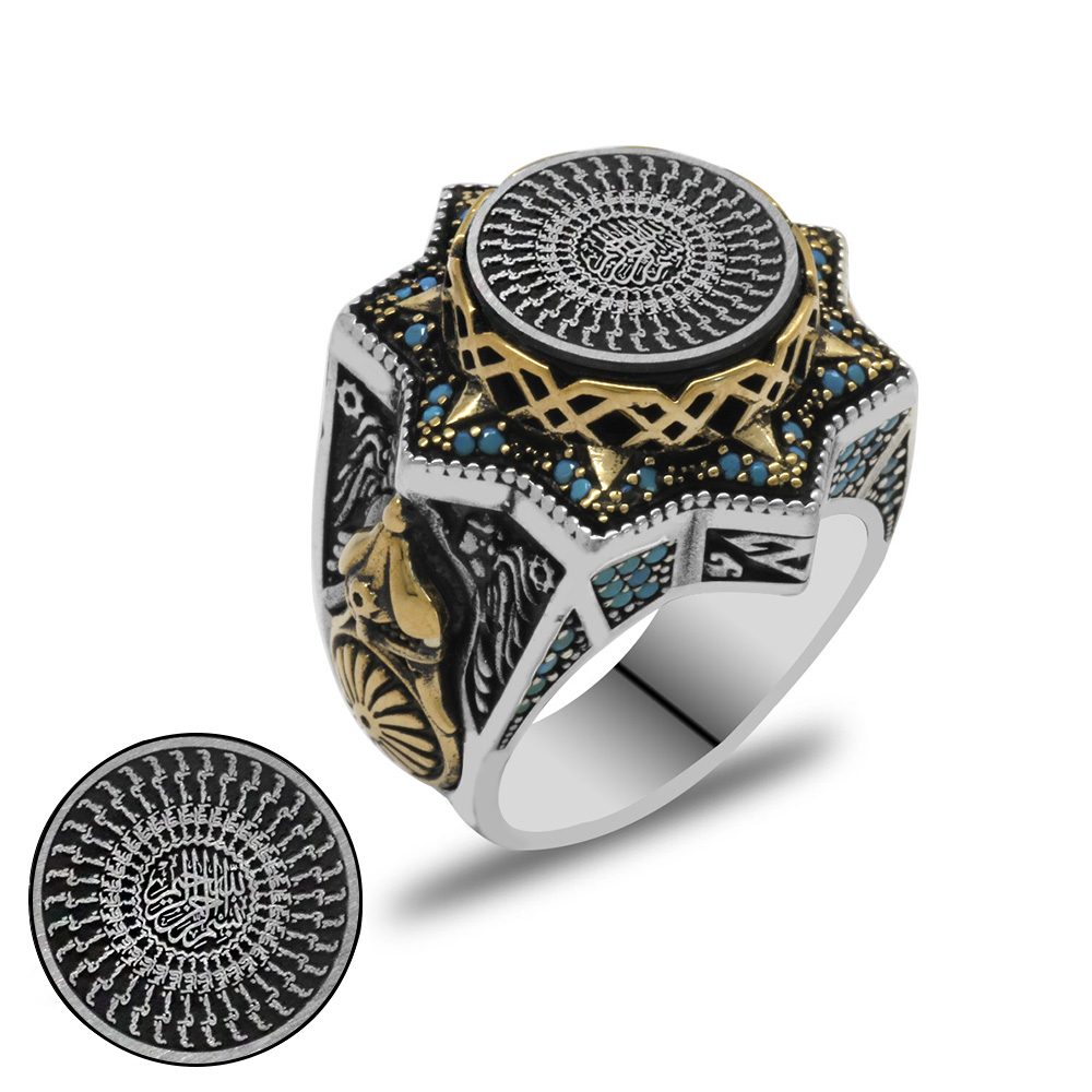 Mavi Kehribar Üzerine Hüsnü Hat 33 Besmelei Şerif Yazılı Yıldız Tasarım 925 Ayar Gümüş Erkek Yüzük - 4