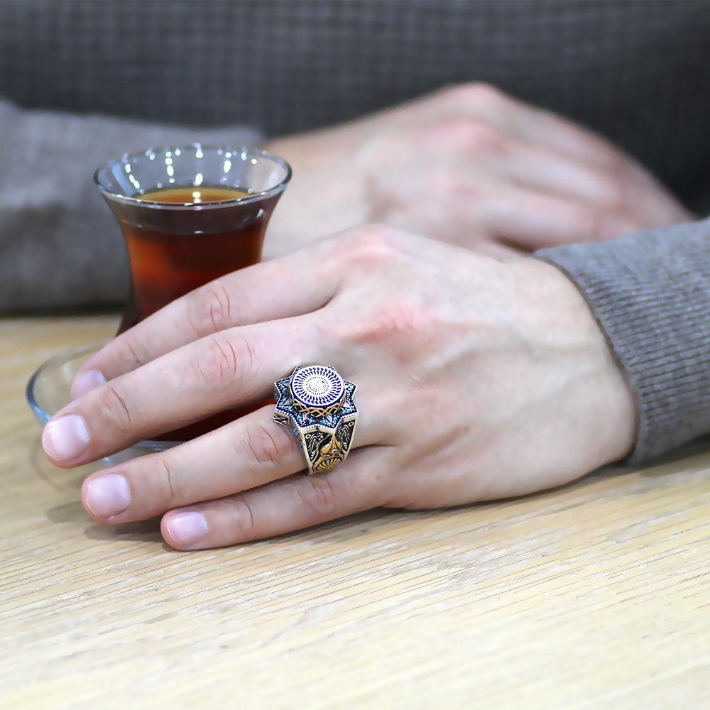 Mavi Kehribar Üzerine Hüsnü Hat 33 Besmelei Şerif Yazılı Yıldız Tasarım 925 Ayar Gümüş Erkek Yüzük - 2