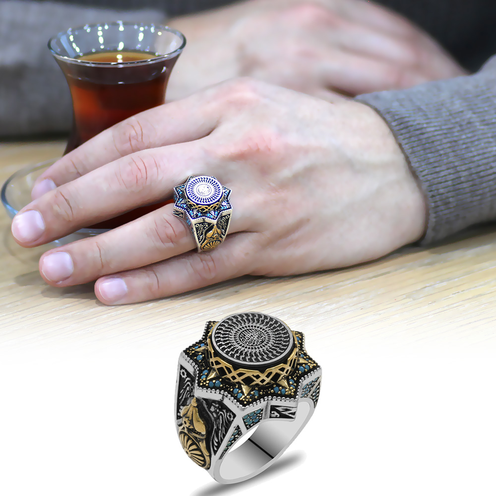 Mavi Kehribar Üzerine Hüsnü Hat 33 Besmelei Şerif Yazılı Yıldız Tasarım 925 Ayar Gümüş Erkek Yüzük - 1